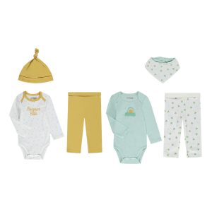 LES SETS NAISSANCE E24 - LOTE DE 2 CONJUNTOS DE 3 PEÇAS: MACACÃO DE MANGA COMPRIDA + CALÇÕES + BABETE + GORRO 06M