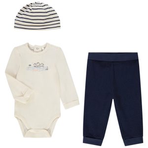 OHE BABY MATELOT - CONJUNTO CALÇAS DE PENGUIM + BODY DE MANGA COMPRIDA + GORRO 12M